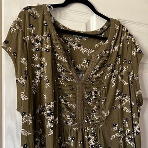 Daniel Rainn Olive Green Floral Split-Neck Blouse with Navy and Cream Print